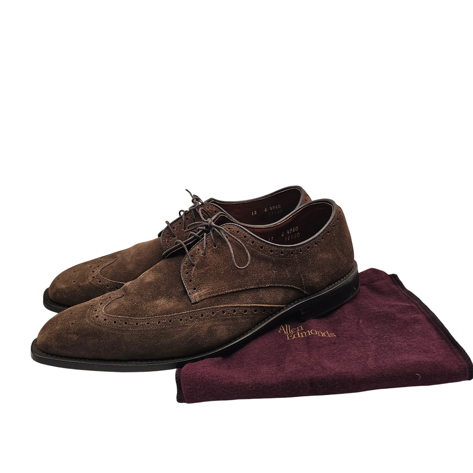 Vintage Allen Edmonds Wingtip Derby Shoes 12e Wide Brown Suede Longwing Usa